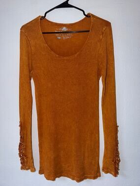 Witness Burnt Orange Lace Sleeve Fall Boho Ribbed Long Sleeve Top Size Large